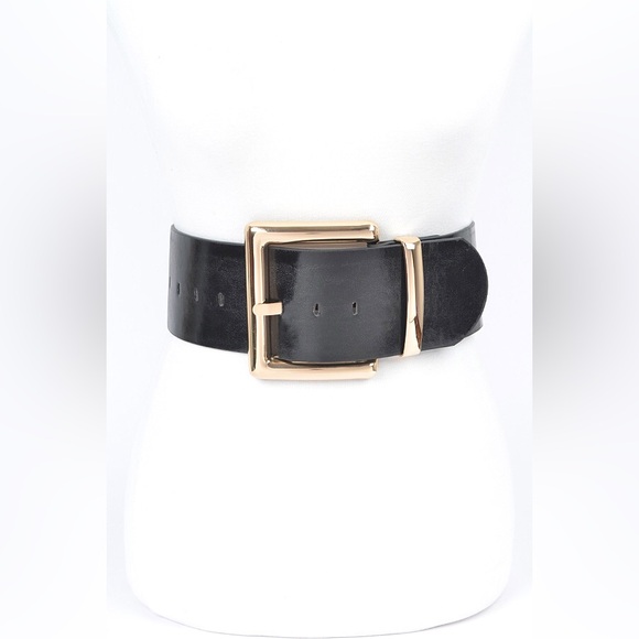 Black Vegan Leather Statement Belt with Gold Buckle - Picture 1 of 4